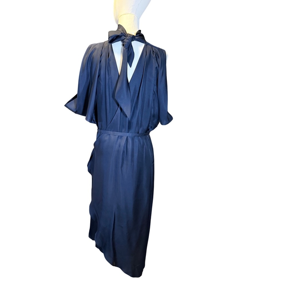 RAOUL Navy Blue Satin Wrap Top Midi Dress with Tie Neck Sz 6 - Picture 4 of 6